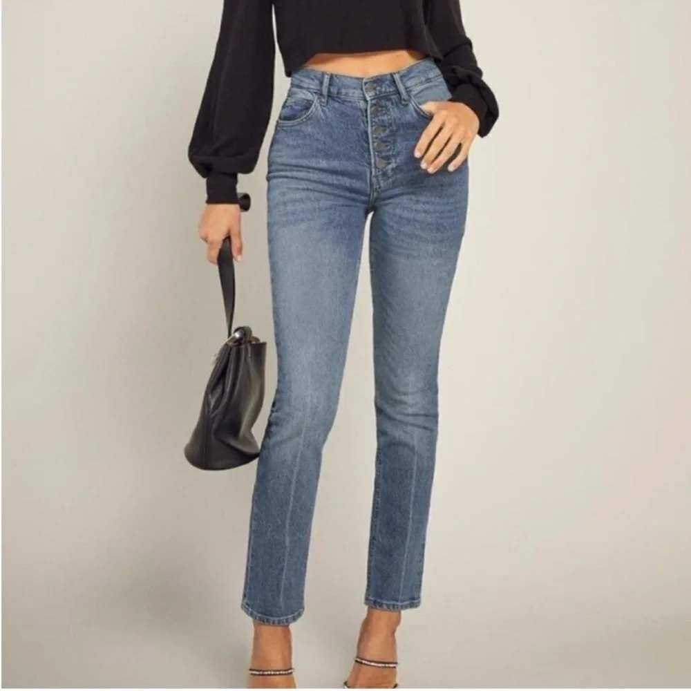 Reformation Womens Liza Button Fly High Waist Raw Hem Jeans 25 Blue Straight Leg